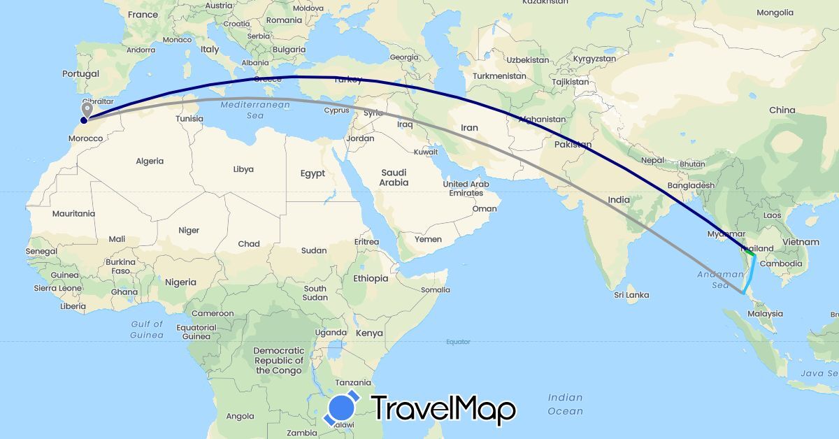 TravelMap itinerary: driving, bus, plane, boat in Morocco, Thailand (Africa, Asia)
